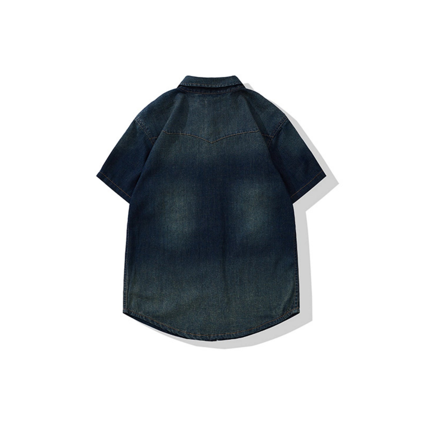 Vintage Washed Western Denim Shirt With Pocket Stitching - Short Sleeve