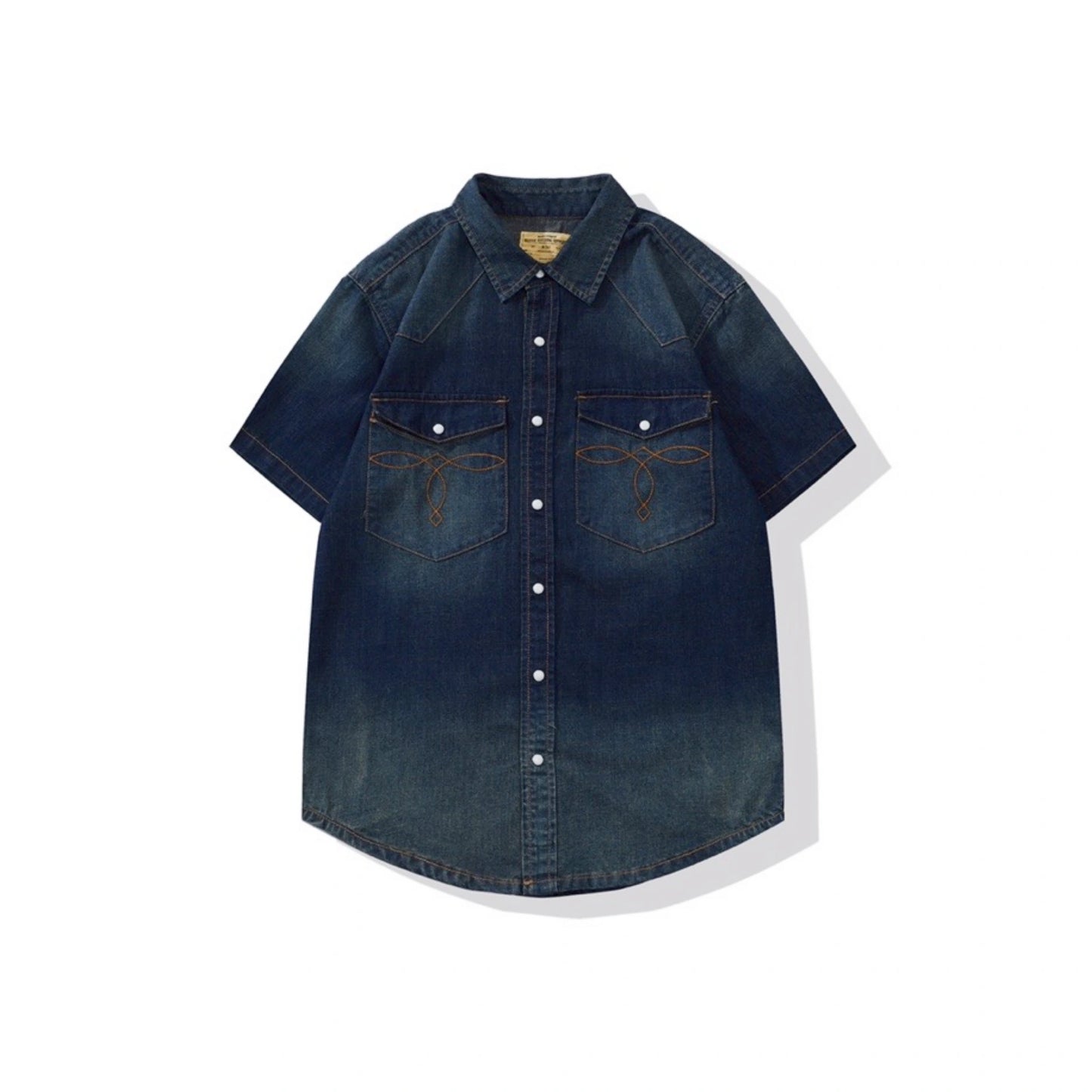 Vintage Washed Western Denim Shirt With Pocket Stitching - Short Sleeve