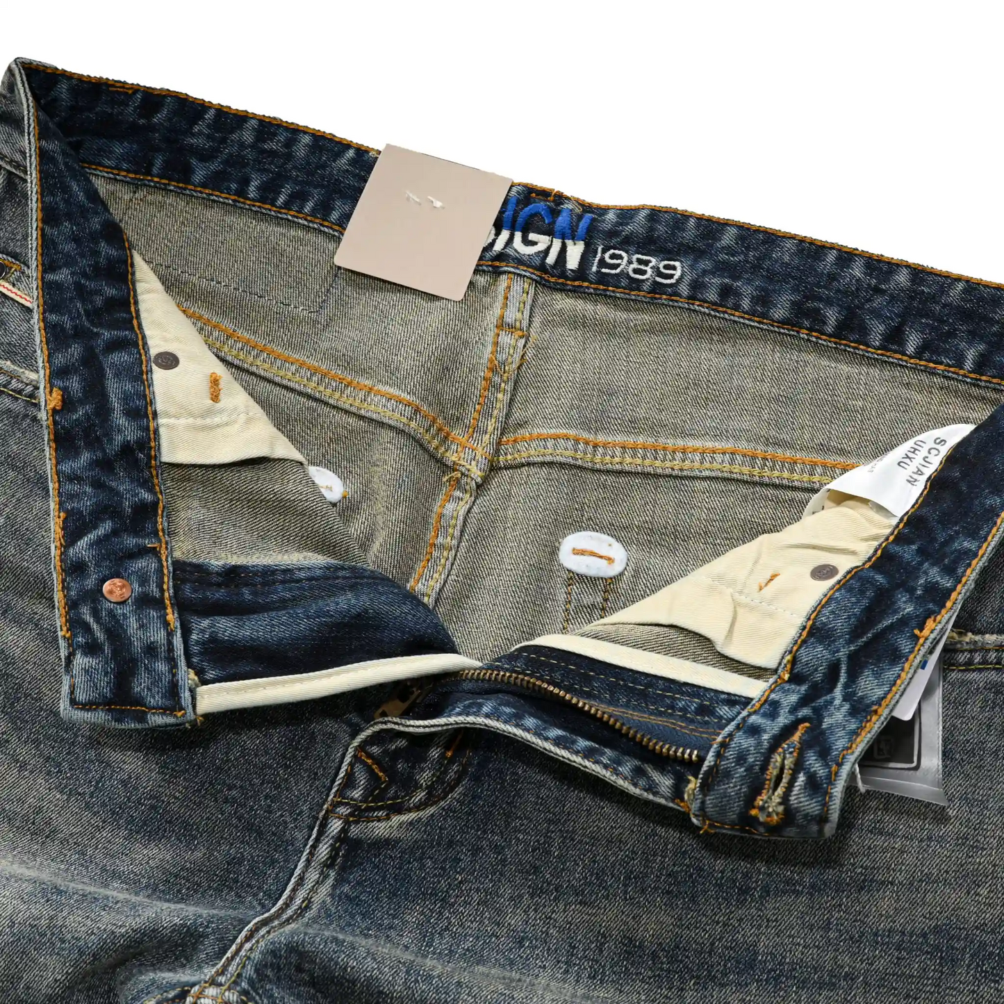 Vintage Blaue Slim Straight Fit Selvedge Jeans mit verblasster Waschung