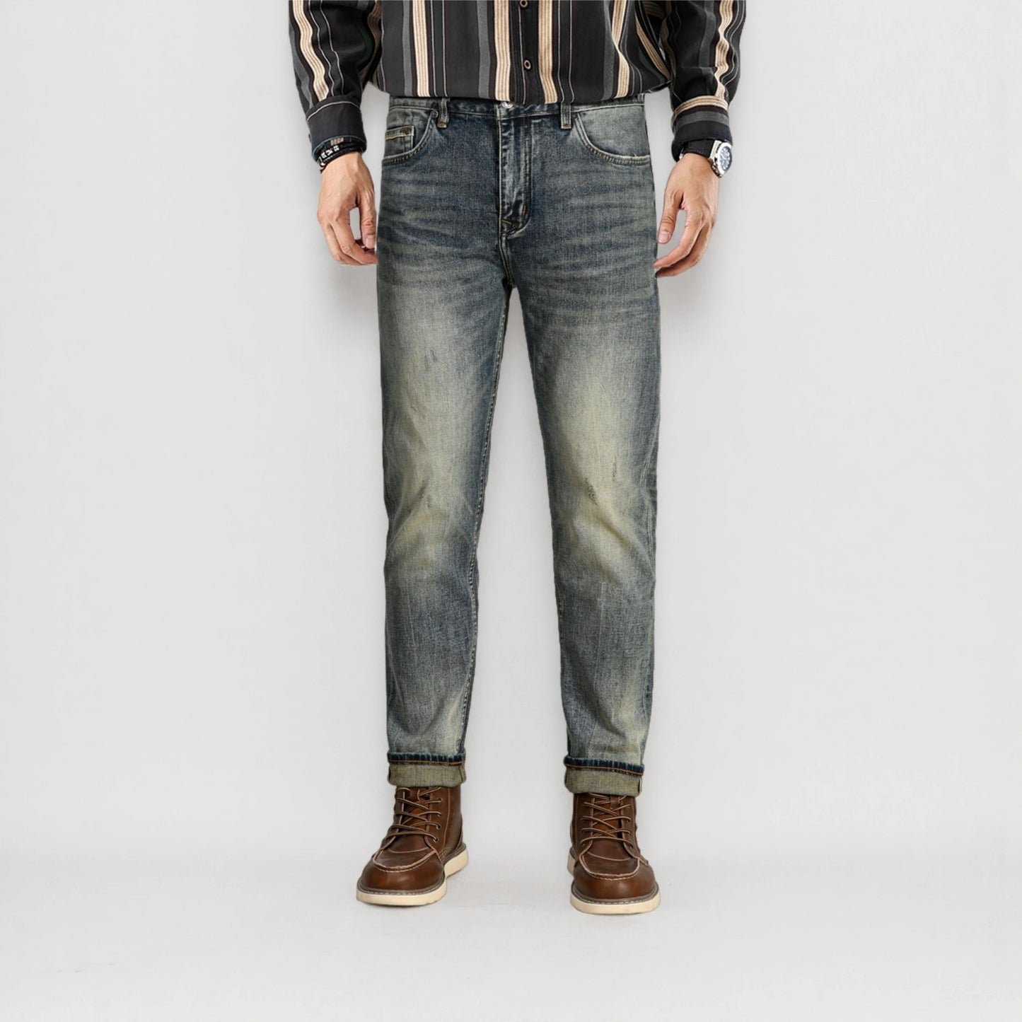 Vintage Blaue Slim Straight Fit Selvedge Jeans mit verblasster Waschung