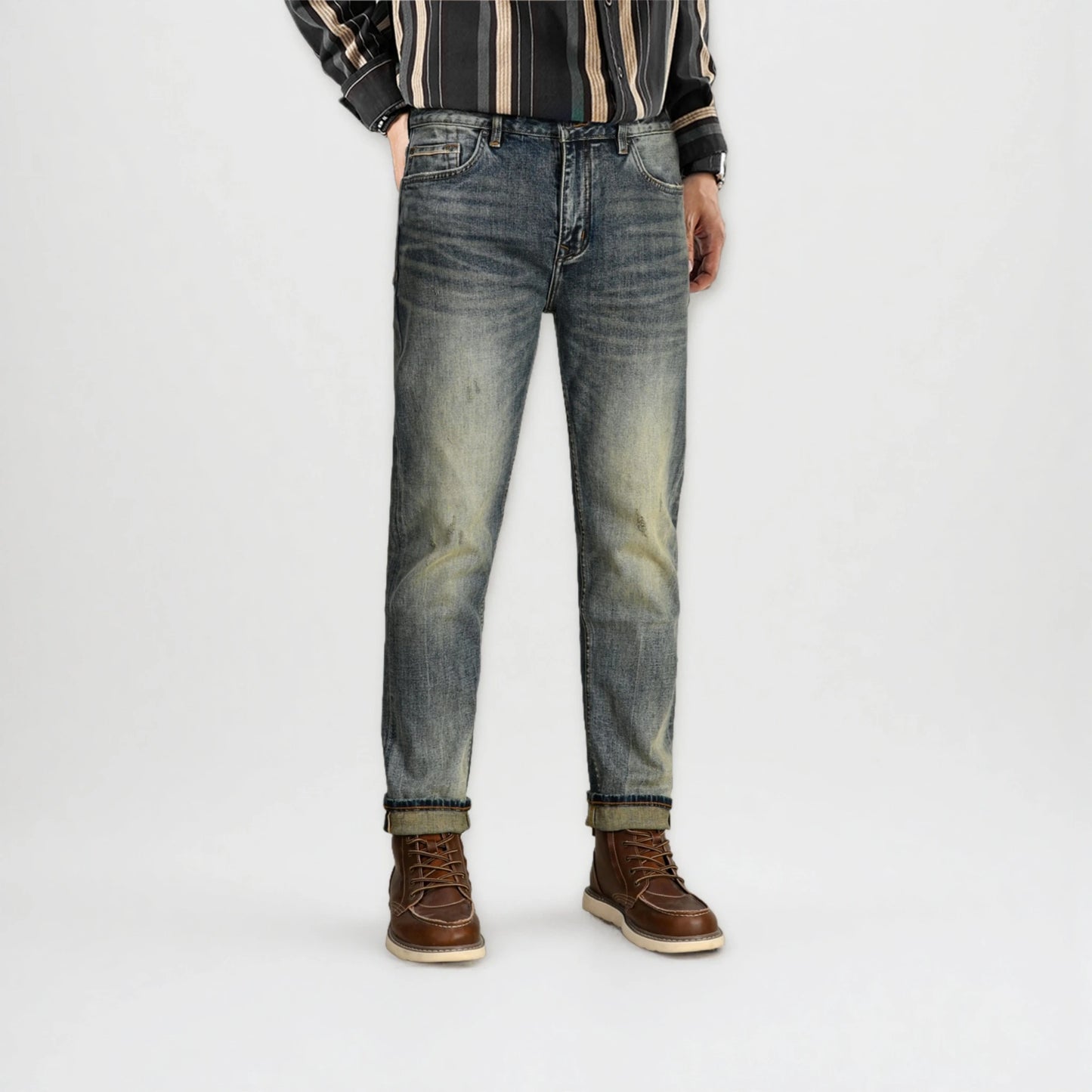 Vintage Blaue Slim Straight Fit Selvedge Jeans mit verblasster Waschung