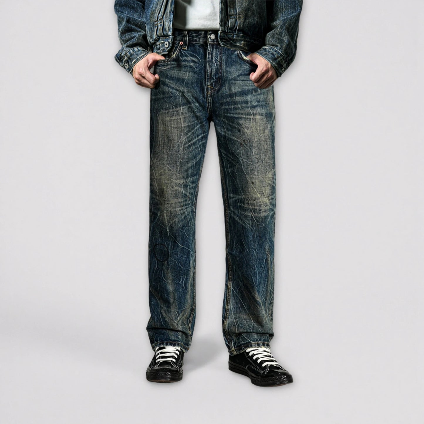 Vintage Blaue Bootcut 11oz Selvedge Jeans mit Distressed-Effekt