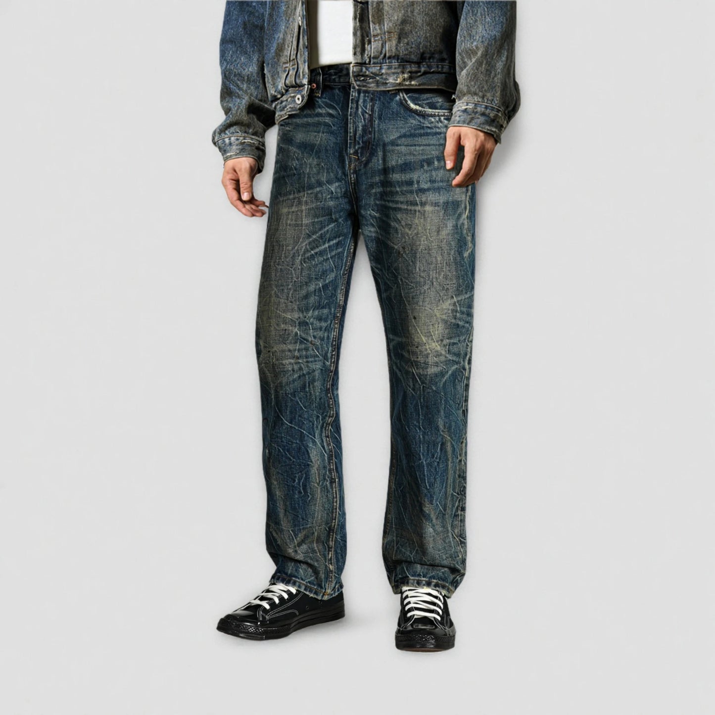Vintage Blaue Bootcut 11oz Selvedge Jeans mit Distressed-Effekt