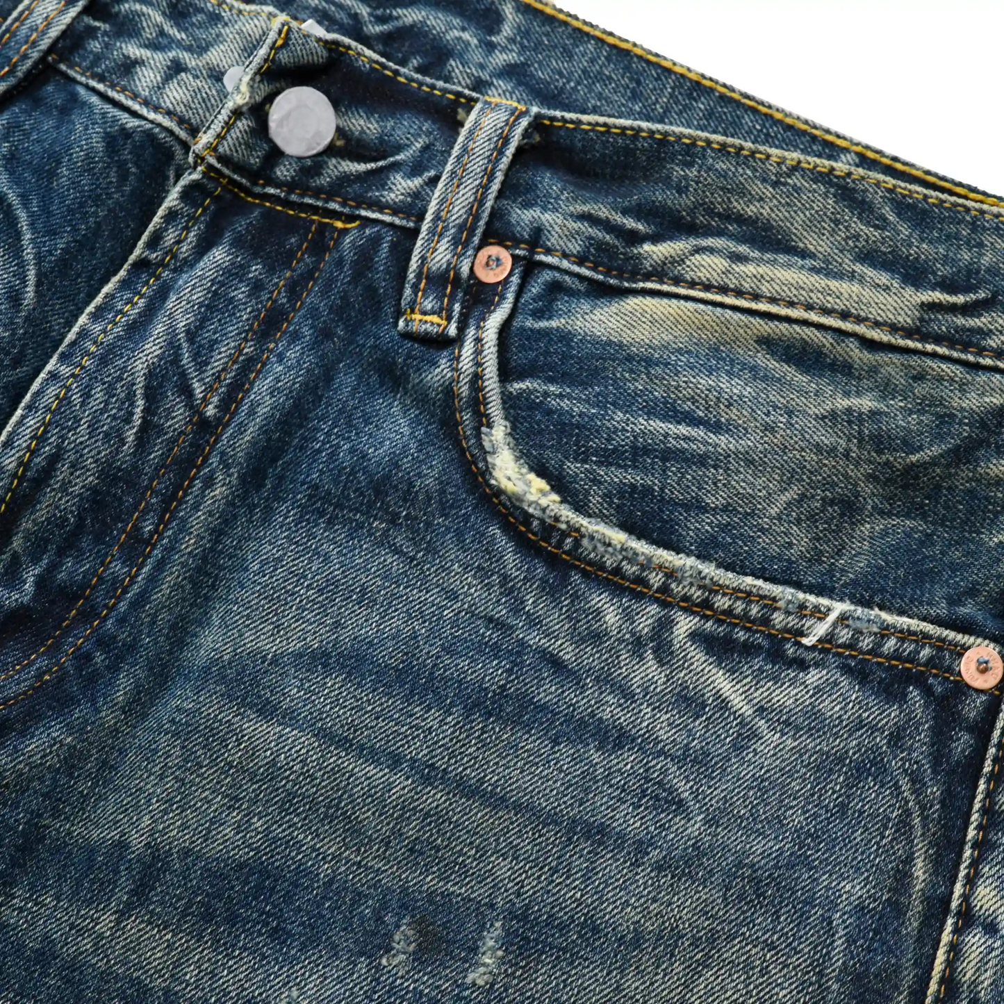 Vintage Blaue Bootcut 11oz Selvedge Jeans mit Distressed-Effekt