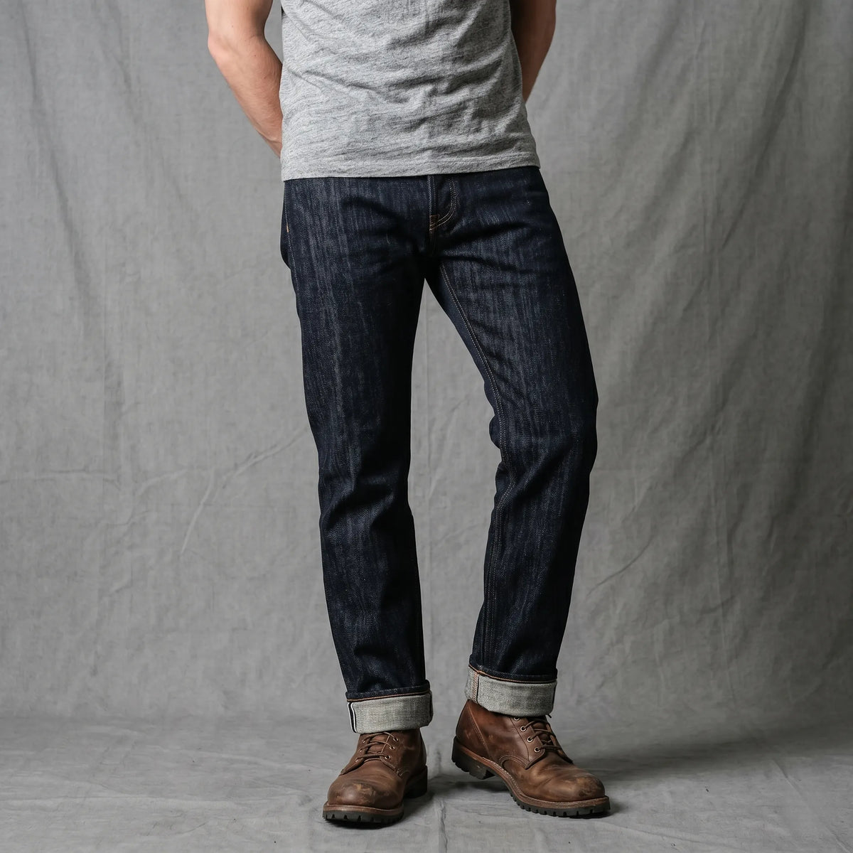 Model wearing RG001-16A 16oz Heritage Slub Selvedge Straight Jeans