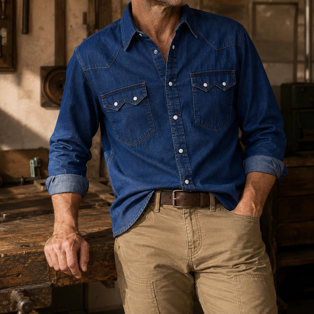 Chemise en denim western classique légère de 7 oz
