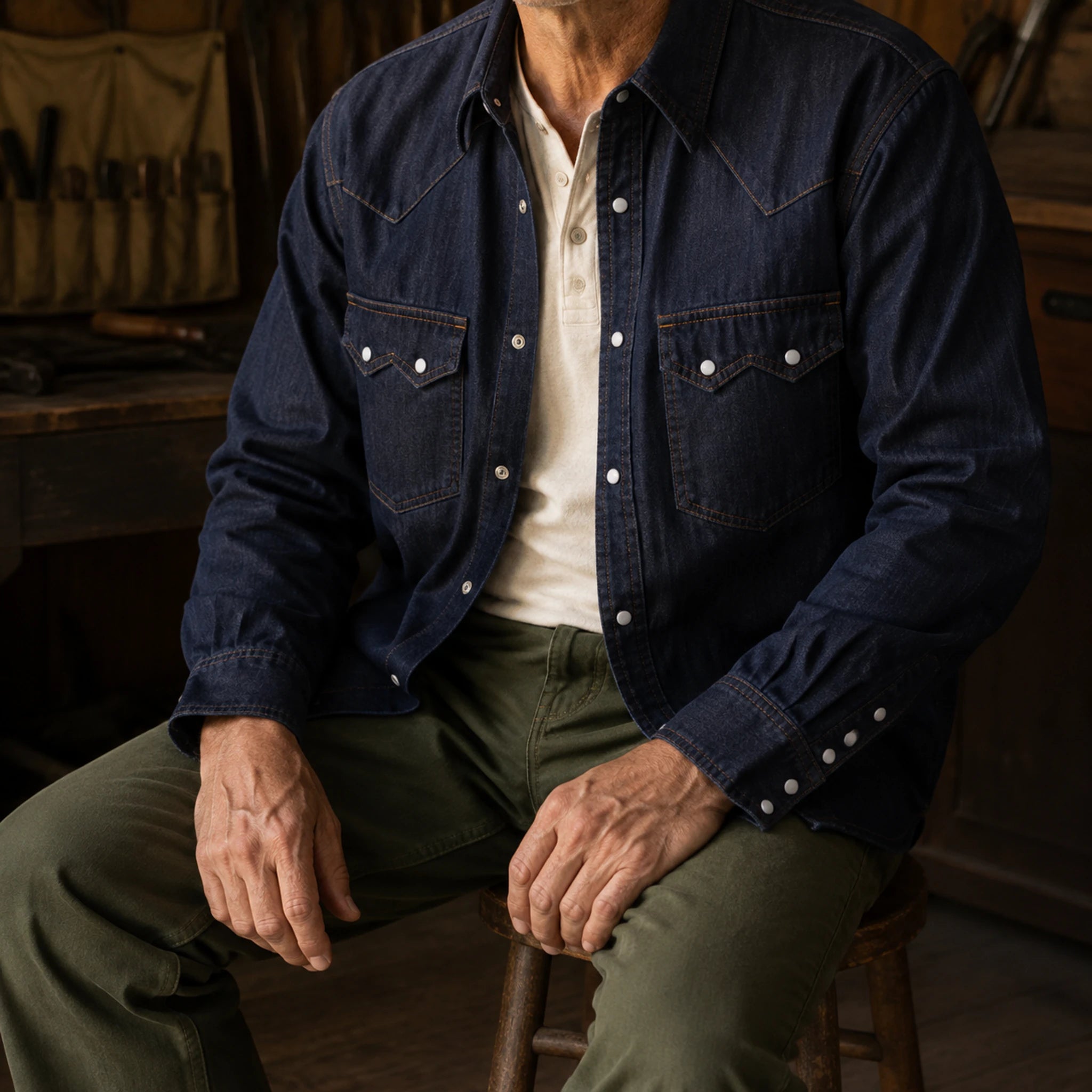 Chemise en denim western classique légère de 7 oz