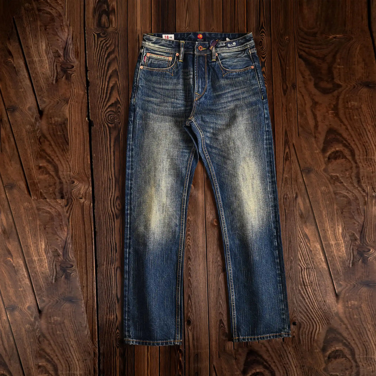 Jean slim droit bleu clair 14 oz à lisière indigo délavée