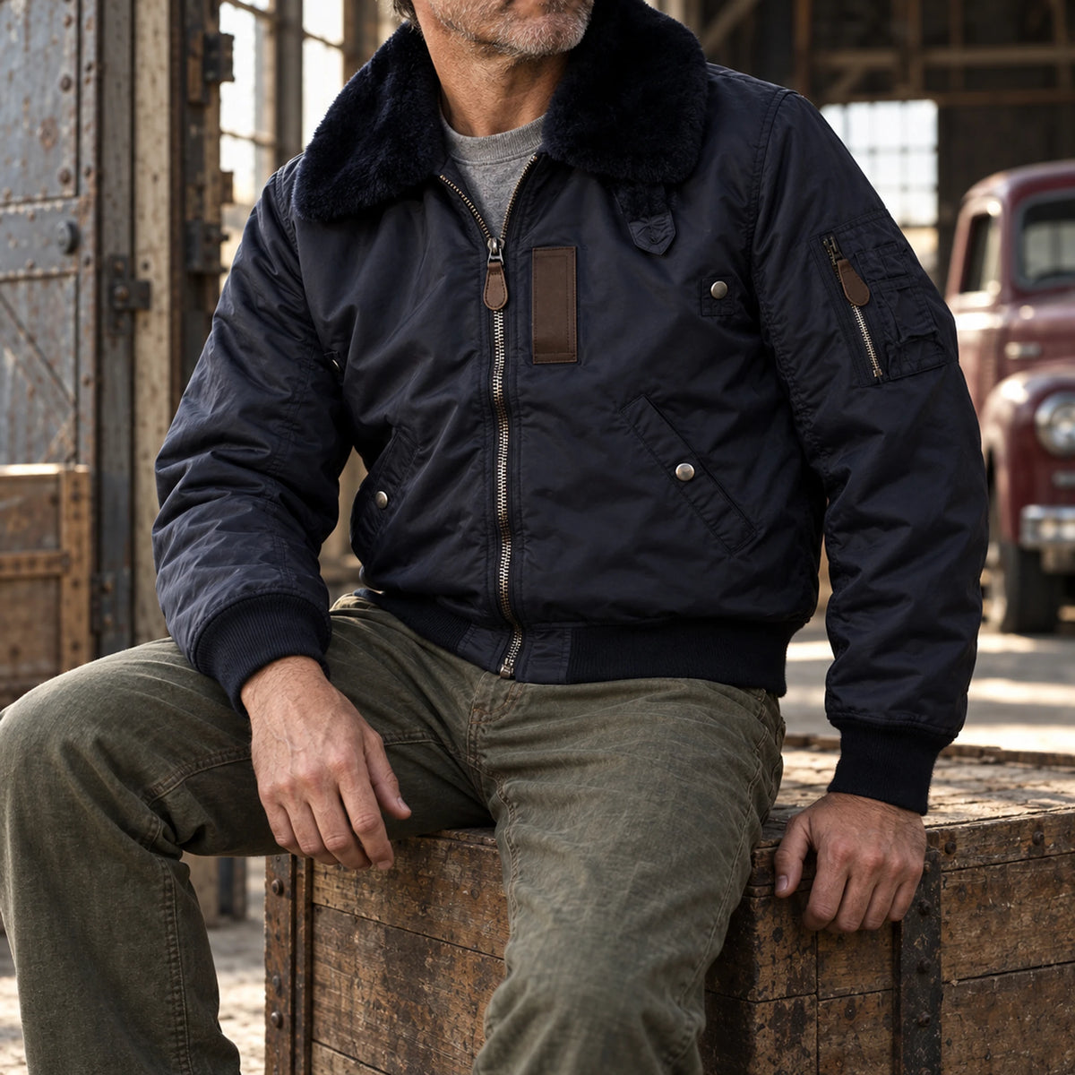 B-15 Utility Bomberjacke mit Shearling-Kragenfutter 