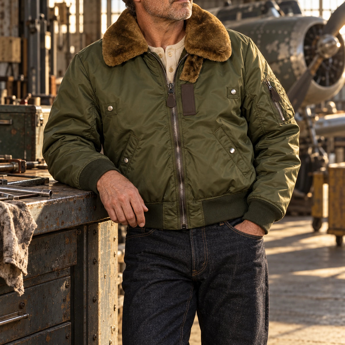 B-15 Utility Bomberjacke mit Shearling-Kragenfutter 