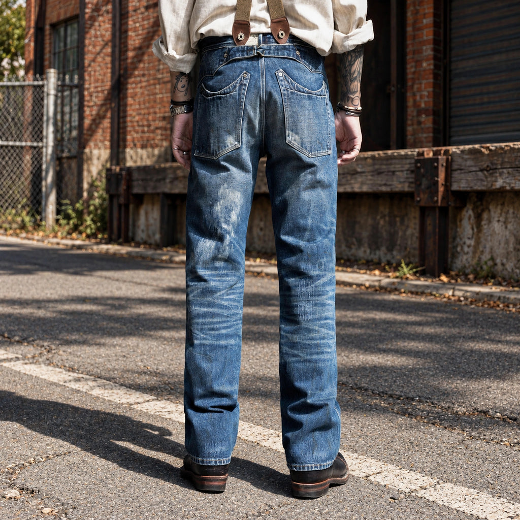 Jean slim droit bleu clair 14 oz à lisière indigo délavée