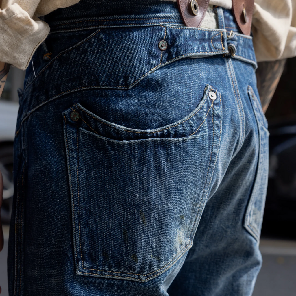 Jean slim droit bleu clair 14 oz à lisière indigo délavée