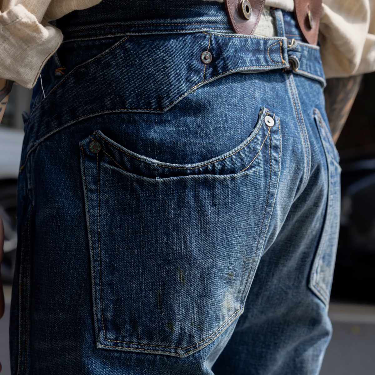 Jean slim droit bleu clair 14 oz à lisière indigo délavée