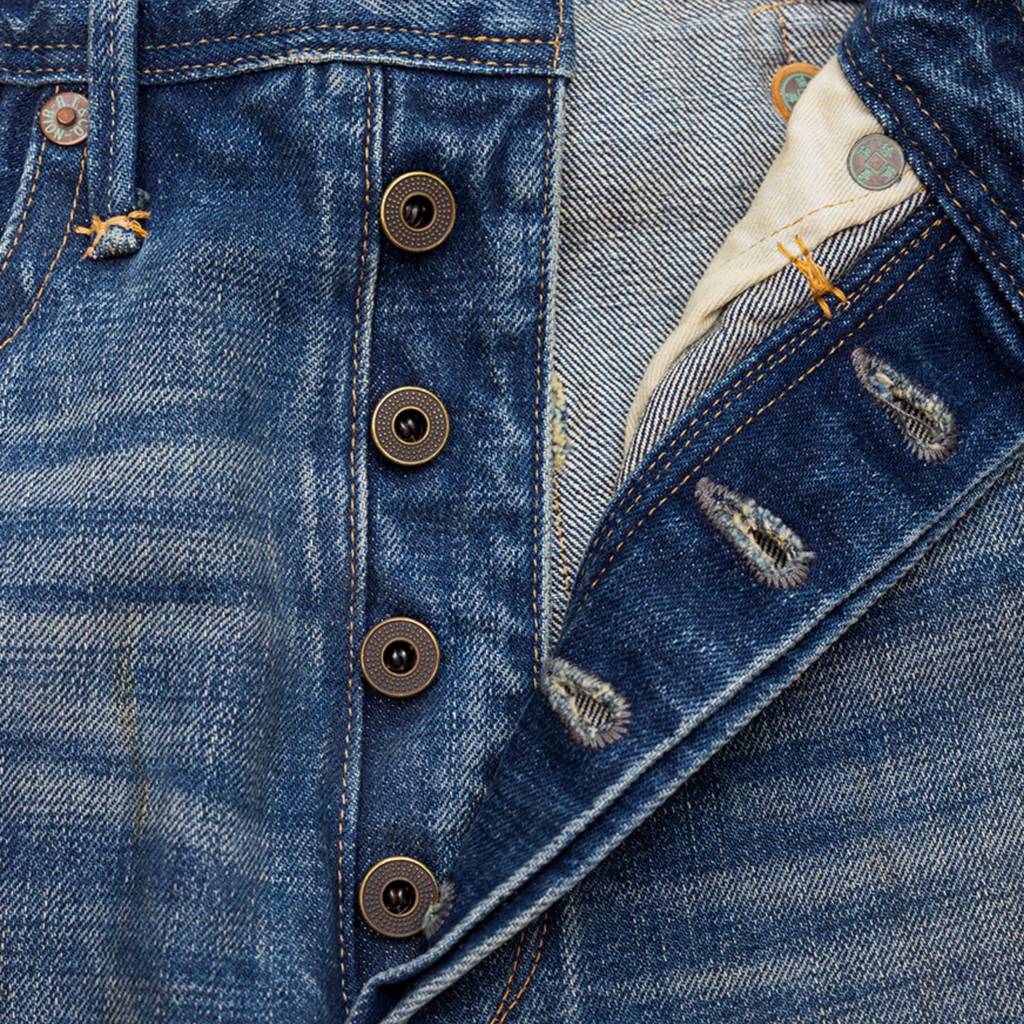 Jean slim droit bleu clair 14 oz à lisière indigo délavée