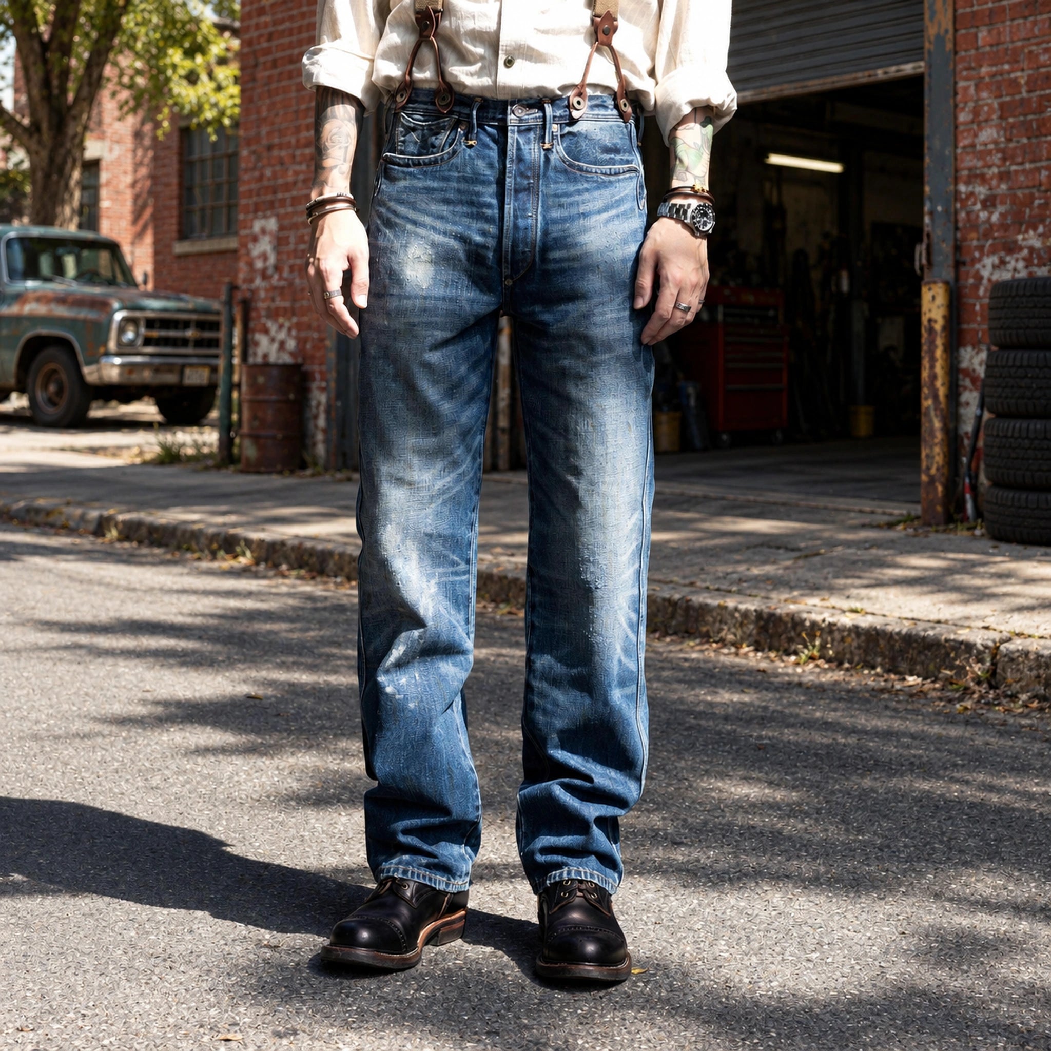 Jean slim droit bleu clair 14 oz à lisière indigo délavée