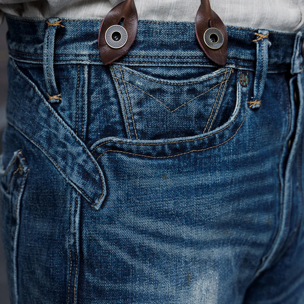 Jean slim droit bleu clair 14 oz à lisière indigo délavée