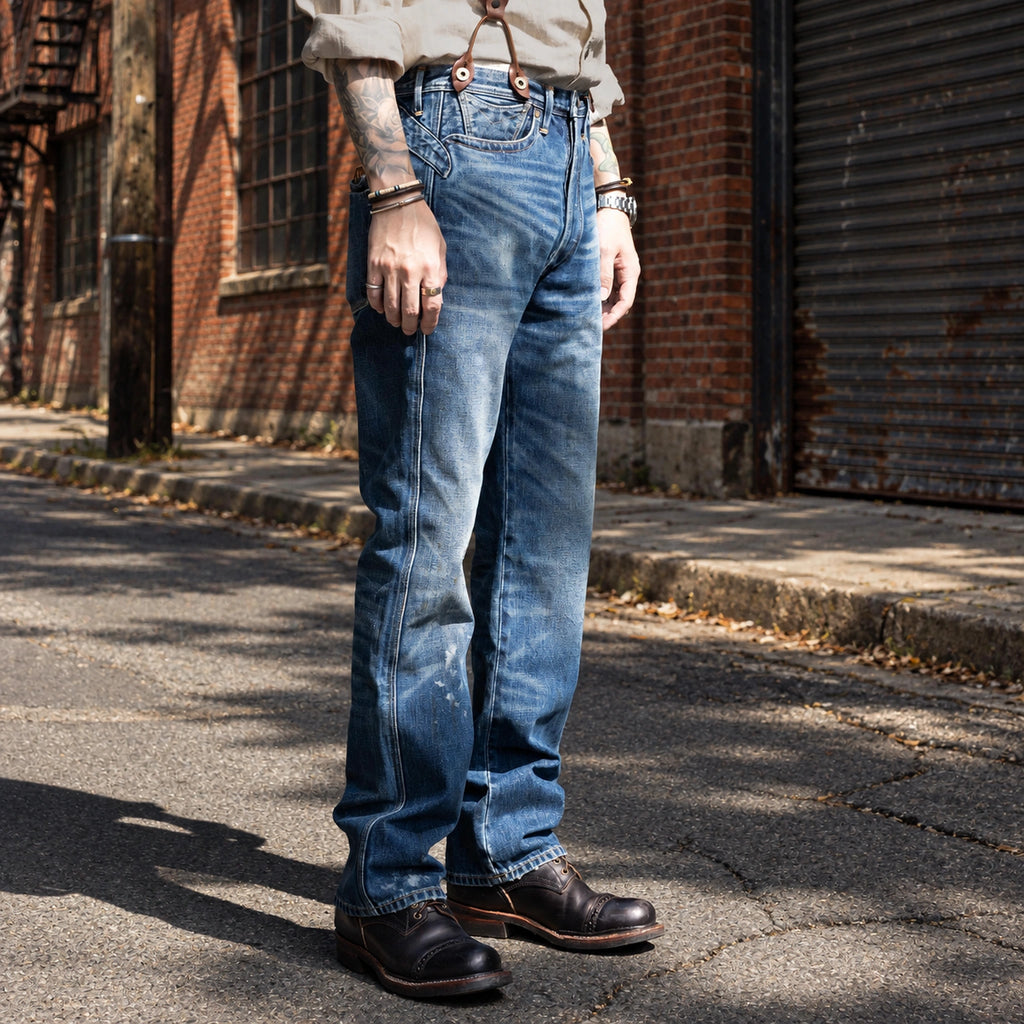 Jean slim droit bleu clair 14 oz à lisière indigo délavée