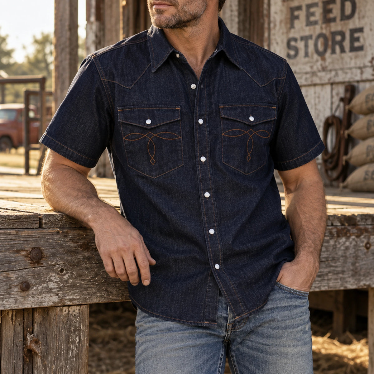 Chemise western vintage en denim délavé avec coutures de poche - Manches courtes