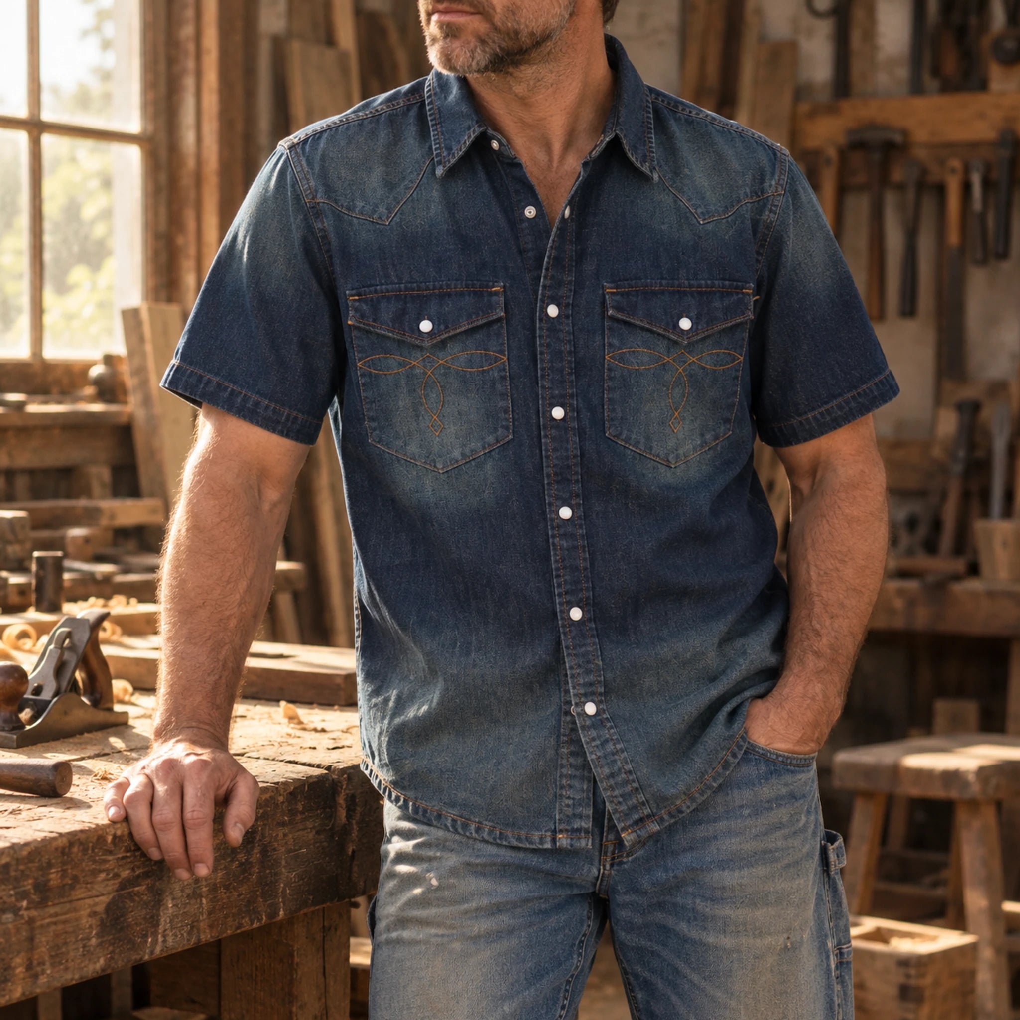 Chemise western vintage en denim délavé avec coutures de poche - Manches courtes
