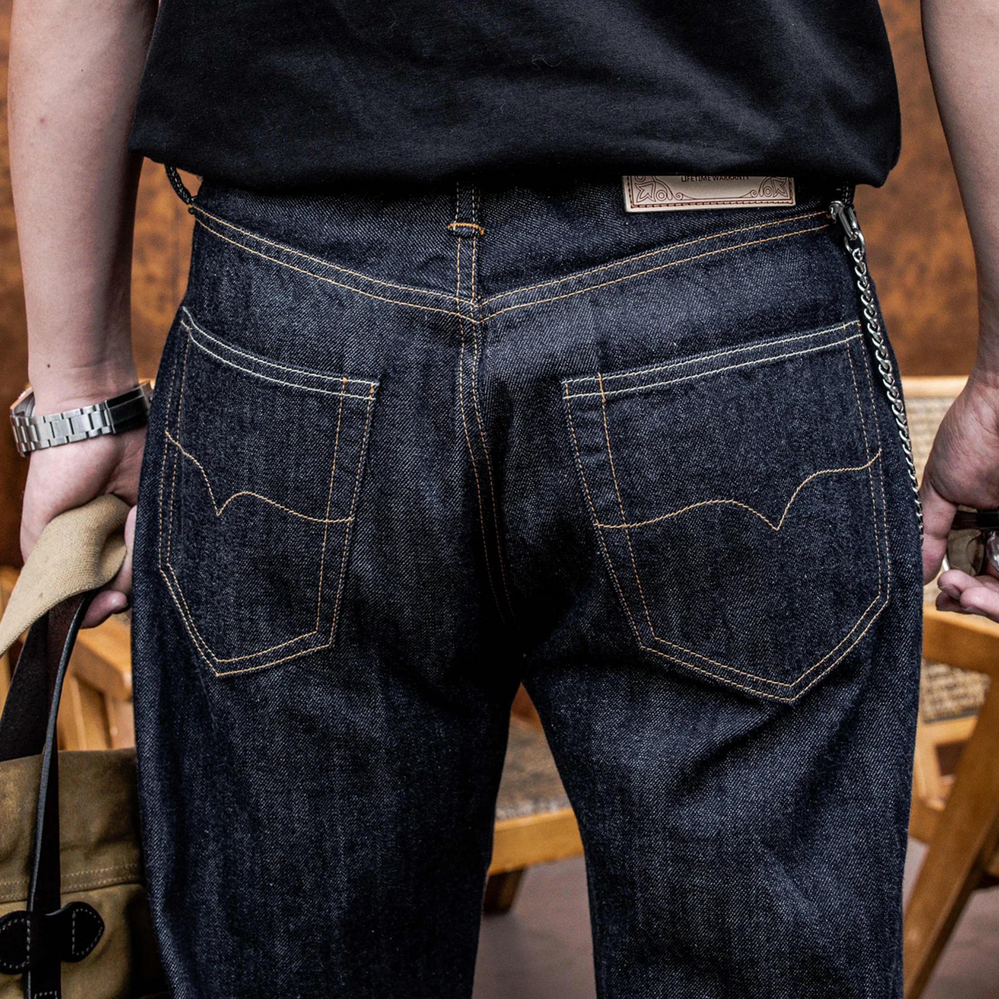 Jean slim droit bleu clair 14 oz à lisière indigo délavée