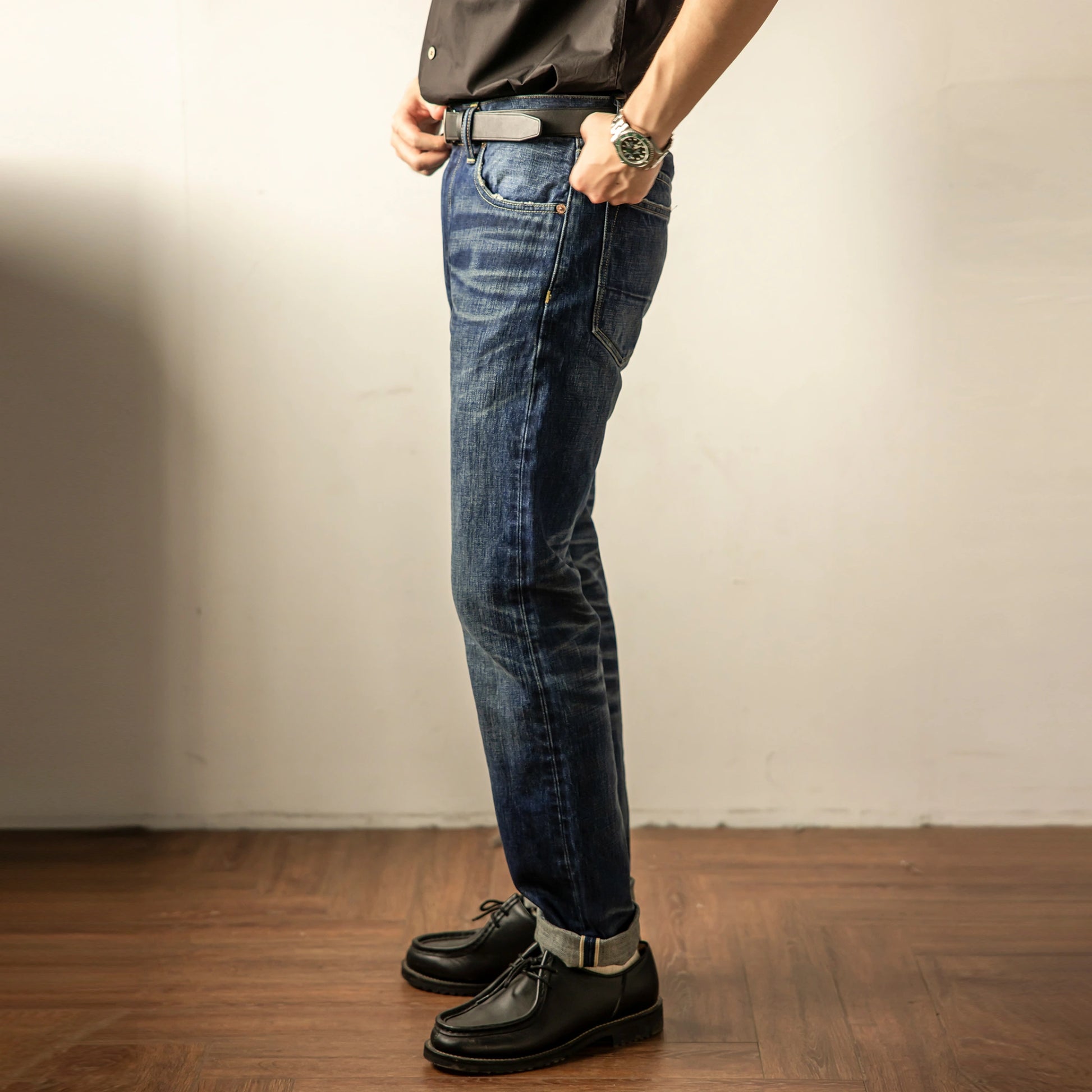 Vintage Blaue Slim Straight Fit Selvedge Jeans mit verblasster Waschung