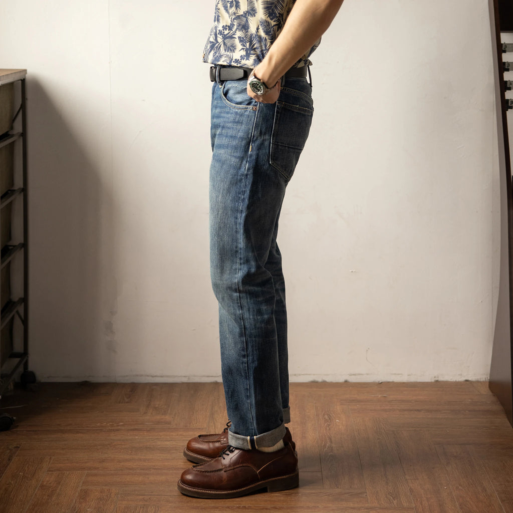 Vintage Blaue Slim Straight Fit Selvedge Jeans mit verblasster Waschung