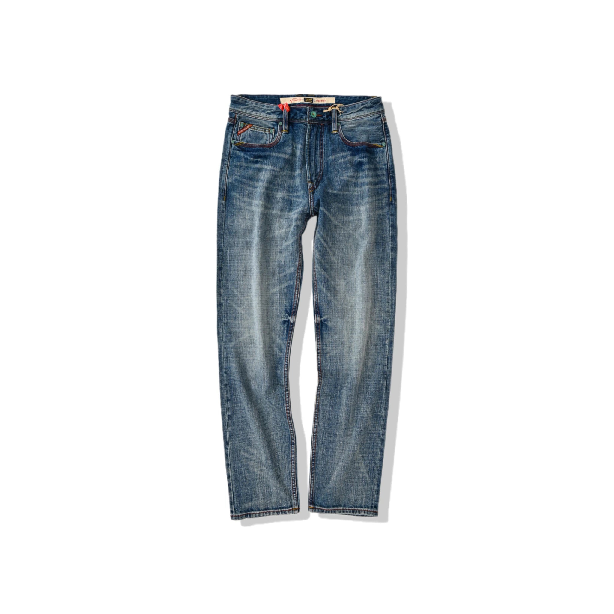 Jean selvedge bleu moyen coupe slim 12 oz avec un léger effet flammé