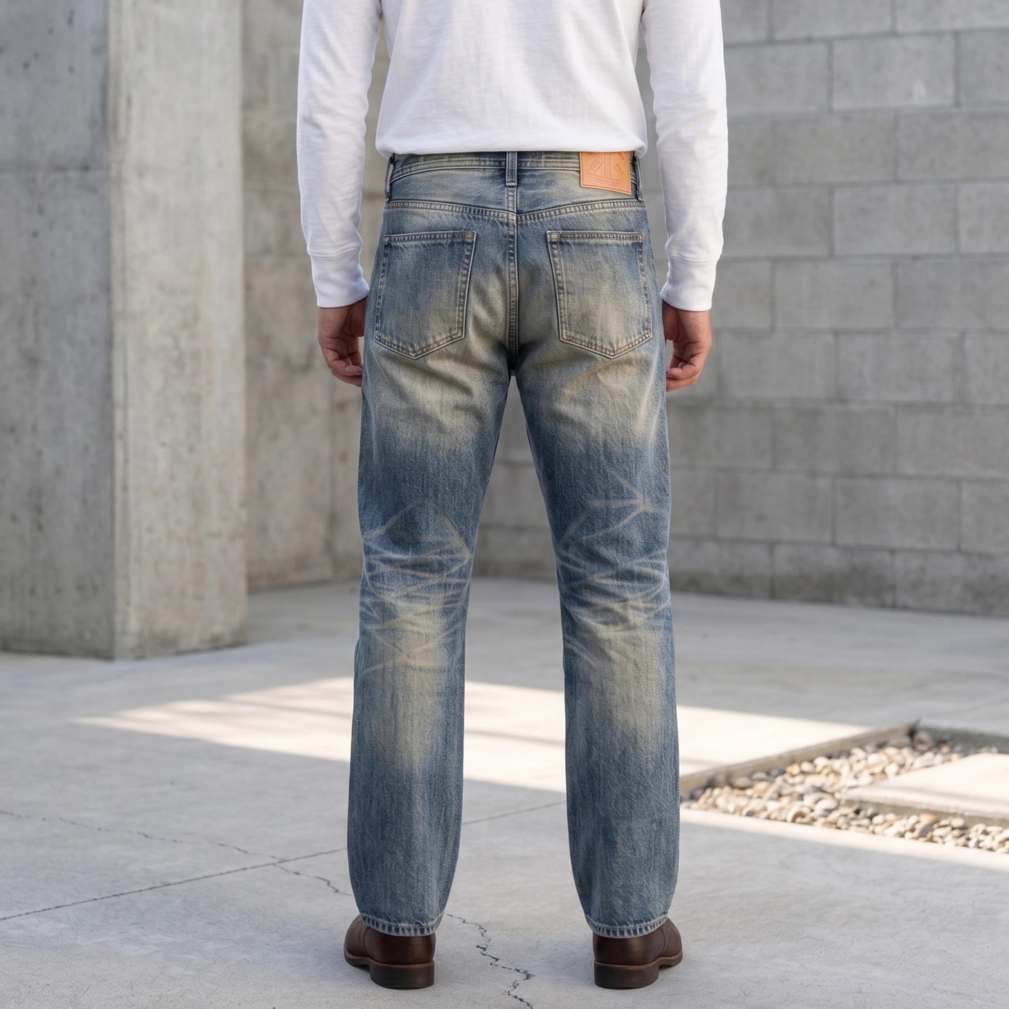 Jean slim droit bleu clair 14 oz à lisière indigo délavée