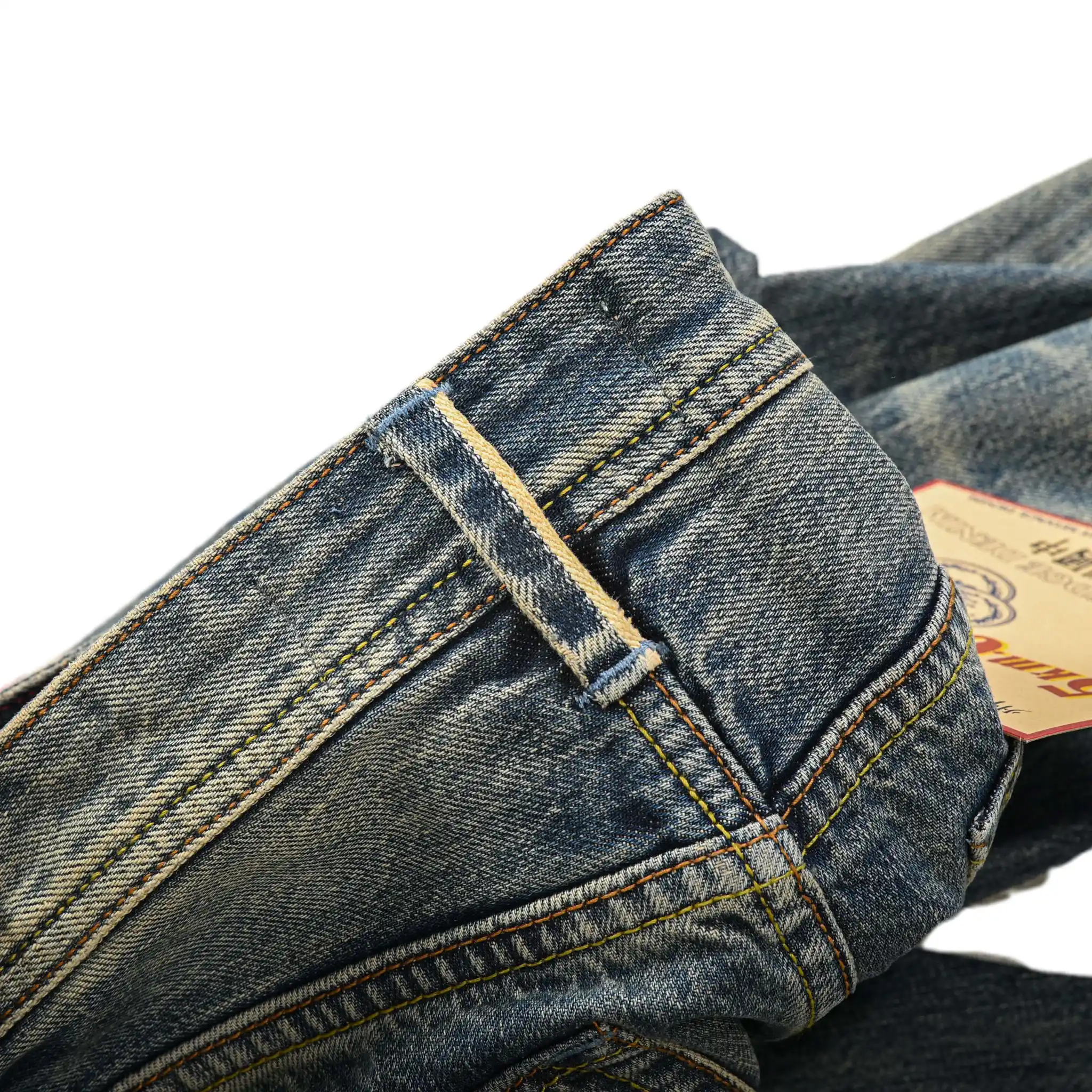 Jean slim droit bleu clair 14 oz à lisière indigo délavée