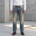 Jean slim droit bleu clair 14 oz à lisière indigo délavée
