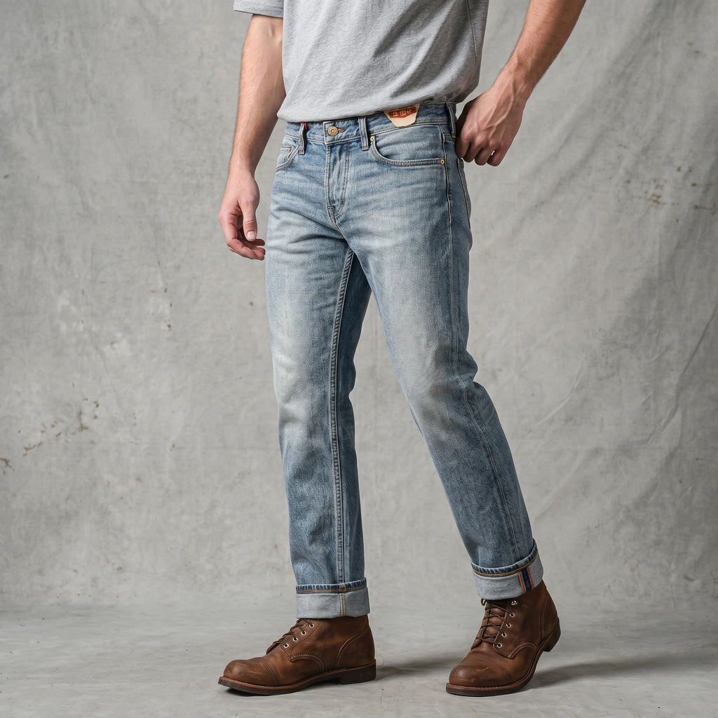 Vintage Blaue Slim Straight Fit Selvedge Jeans mit verblasster Waschung