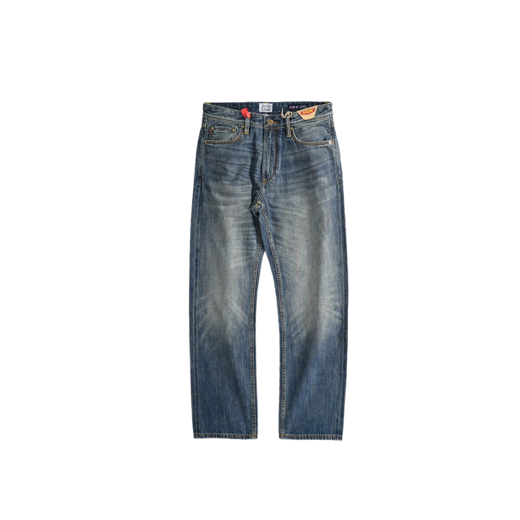 Jean slim droit bleu clair 14 oz à lisière indigo délavée