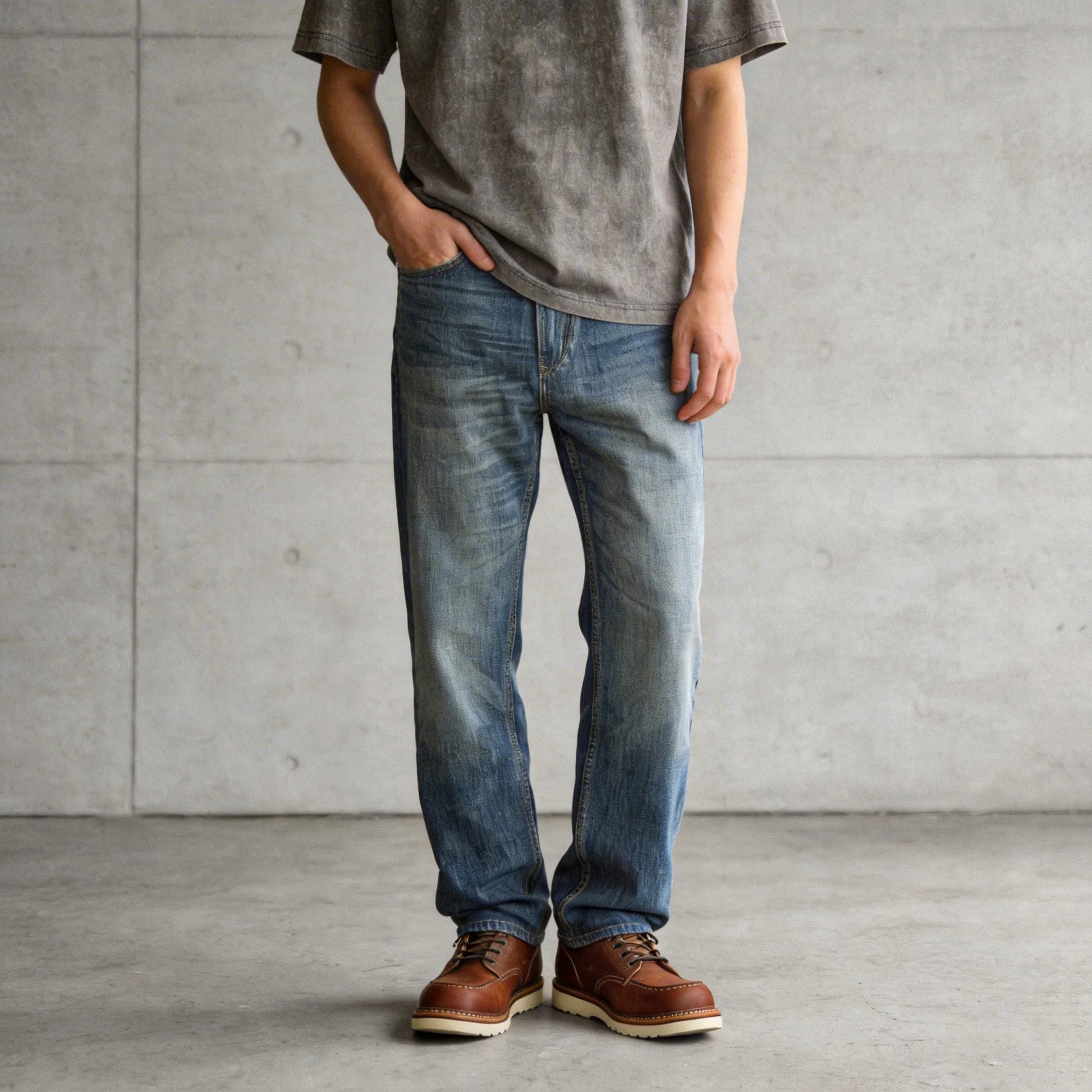 Vintage Blaue Slim Straight Fit Selvedge Jeans mit verblasster Waschung