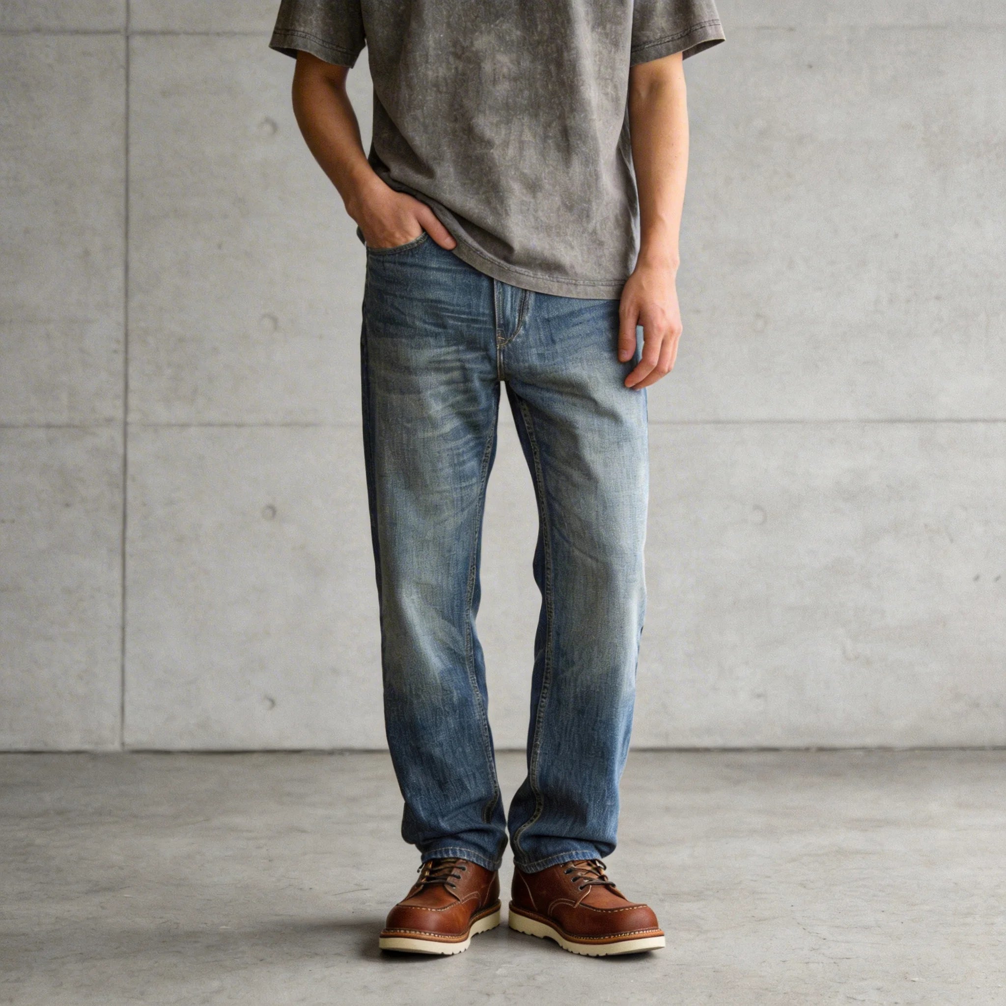 Jean slim droit bleu clair 14 oz à lisière indigo délavée