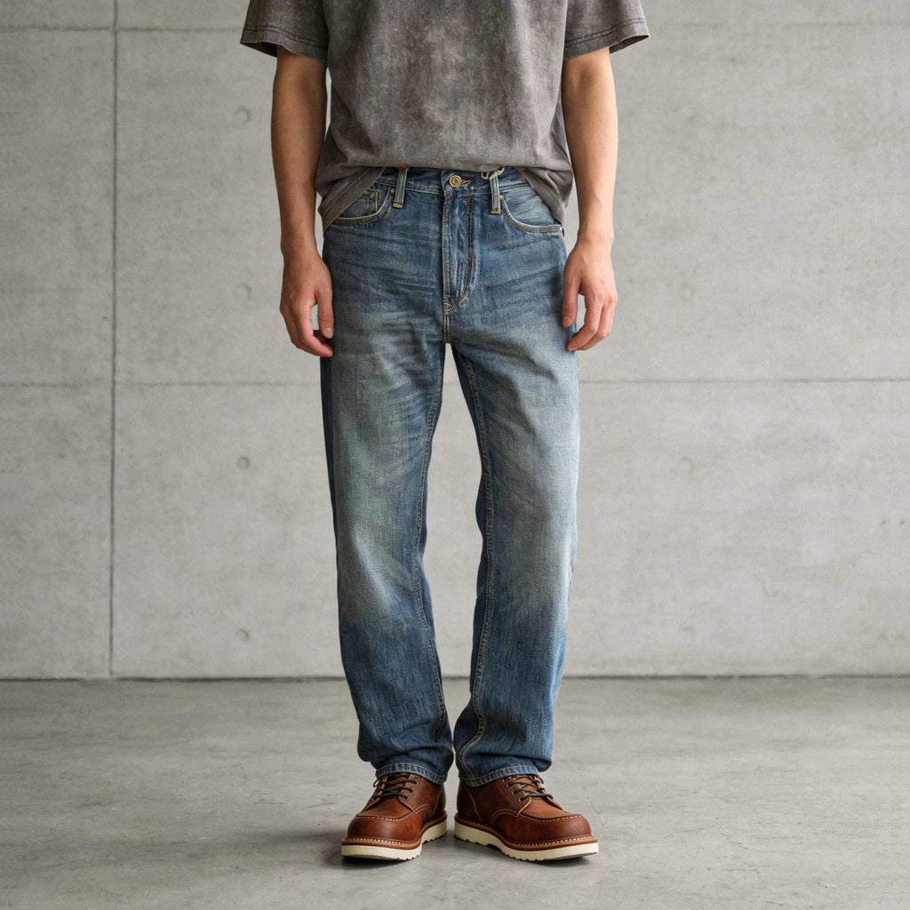 Vintage Blaue Slim Straight Fit Selvedge Jeans mit verblasster Waschung