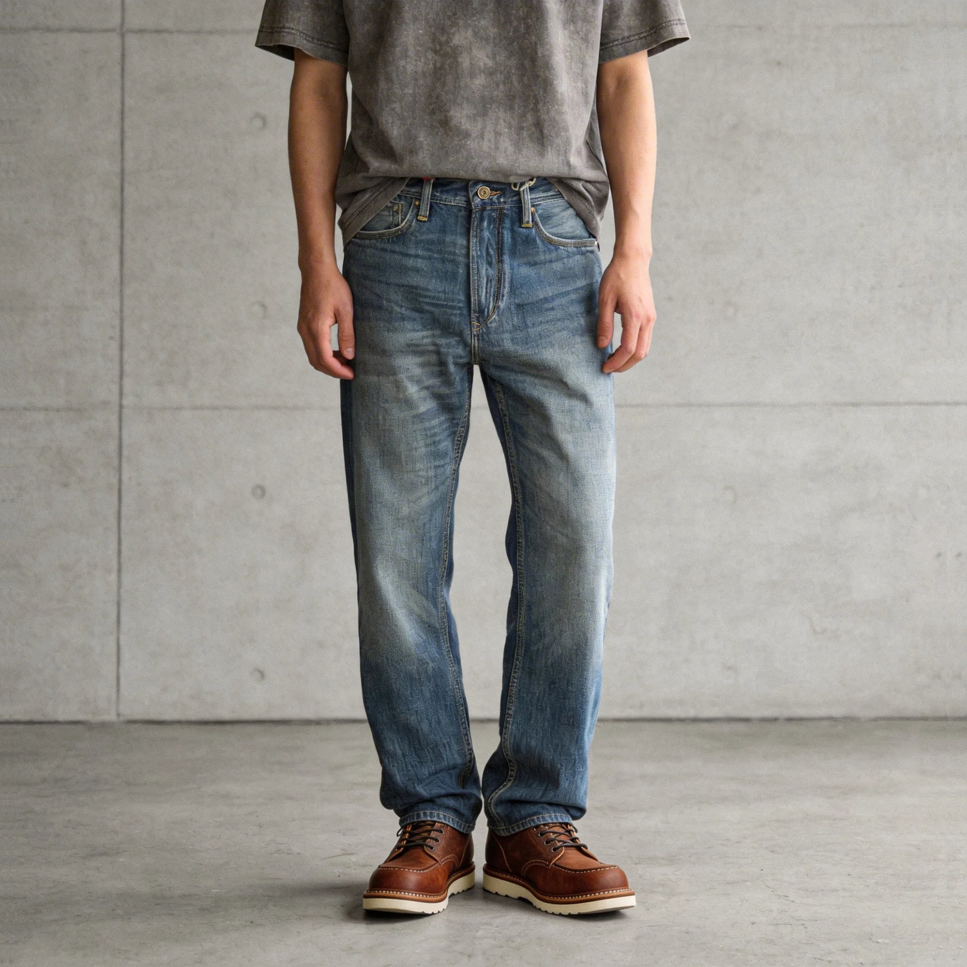 Vintage Blaue Slim Straight Fit Selvedge Jeans mit verblasster Waschung