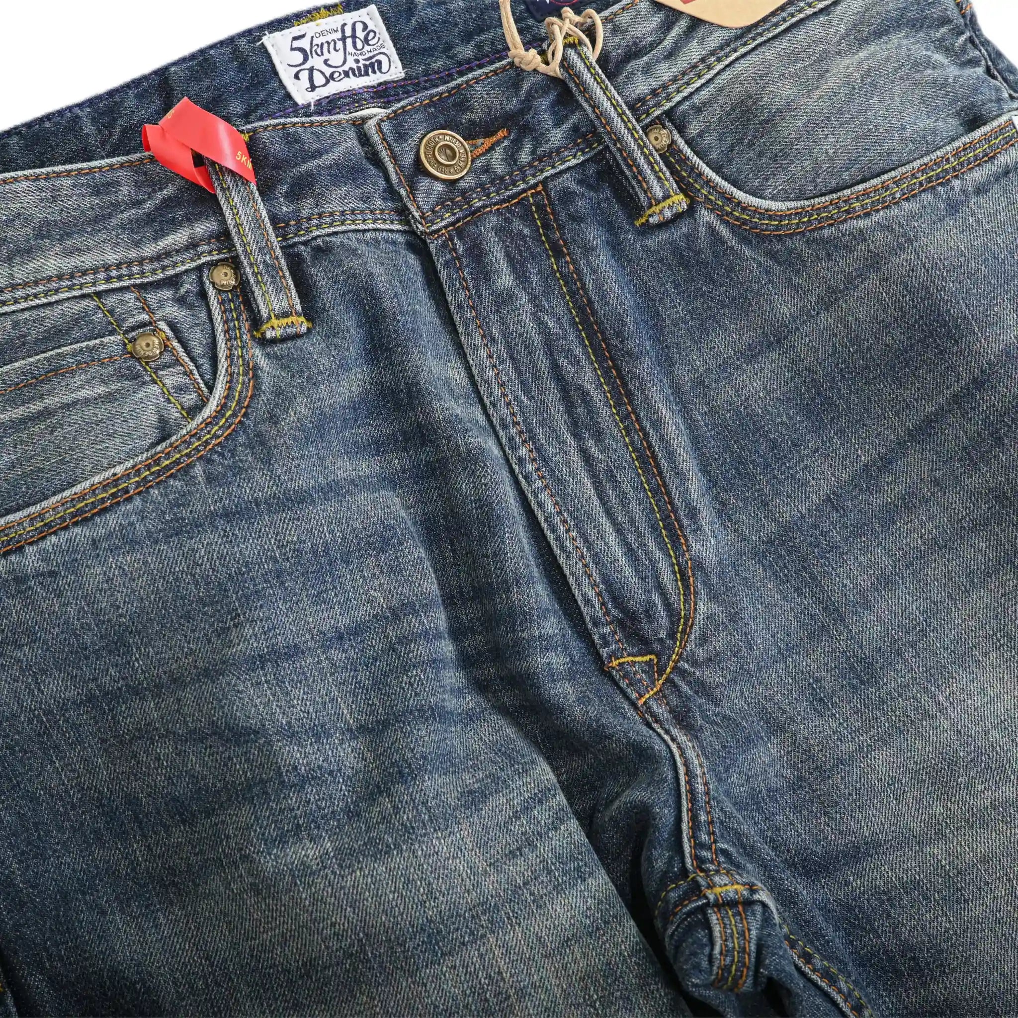 Jean slim droit bleu clair 14 oz à lisière indigo délavée