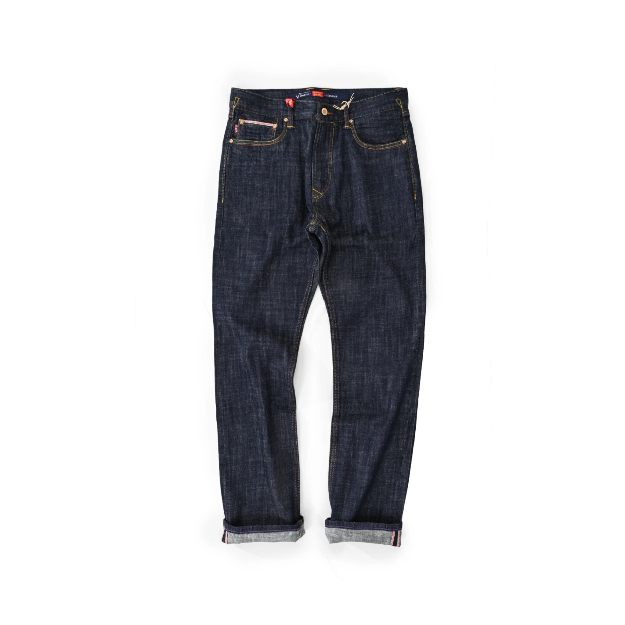 Pair of dark blue jeans on a white background