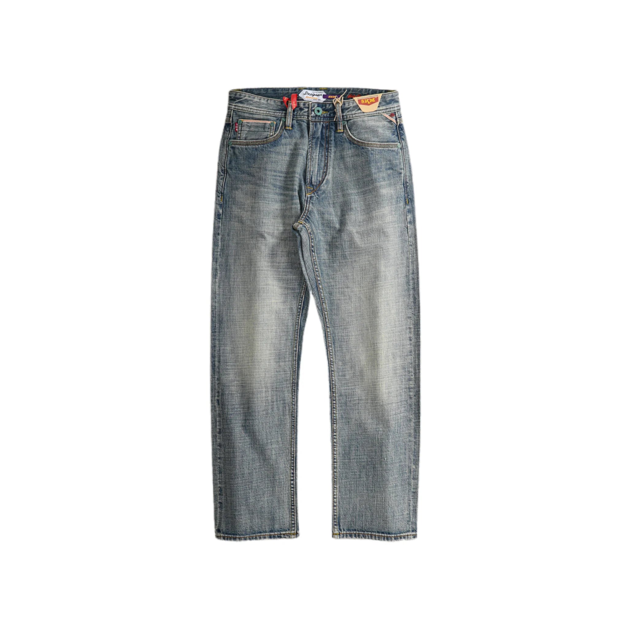 Jean slim droit bleu clair 14 oz à lisière indigo délavée