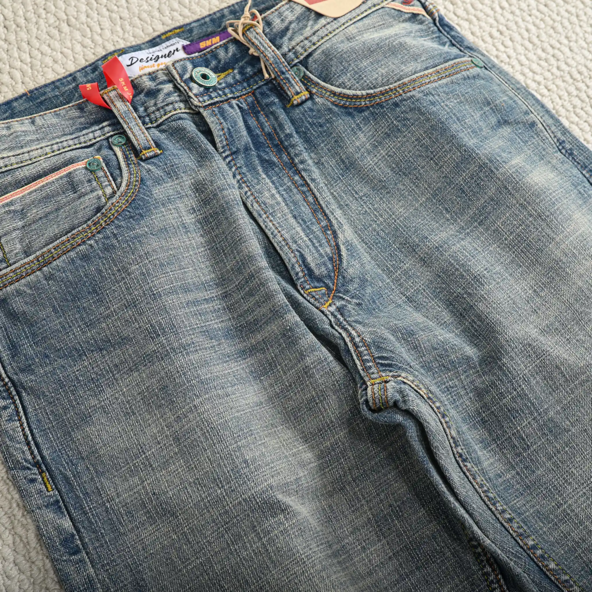 Vintage Blaue Slim Straight Fit Selvedge Jeans mit verblasster Waschung