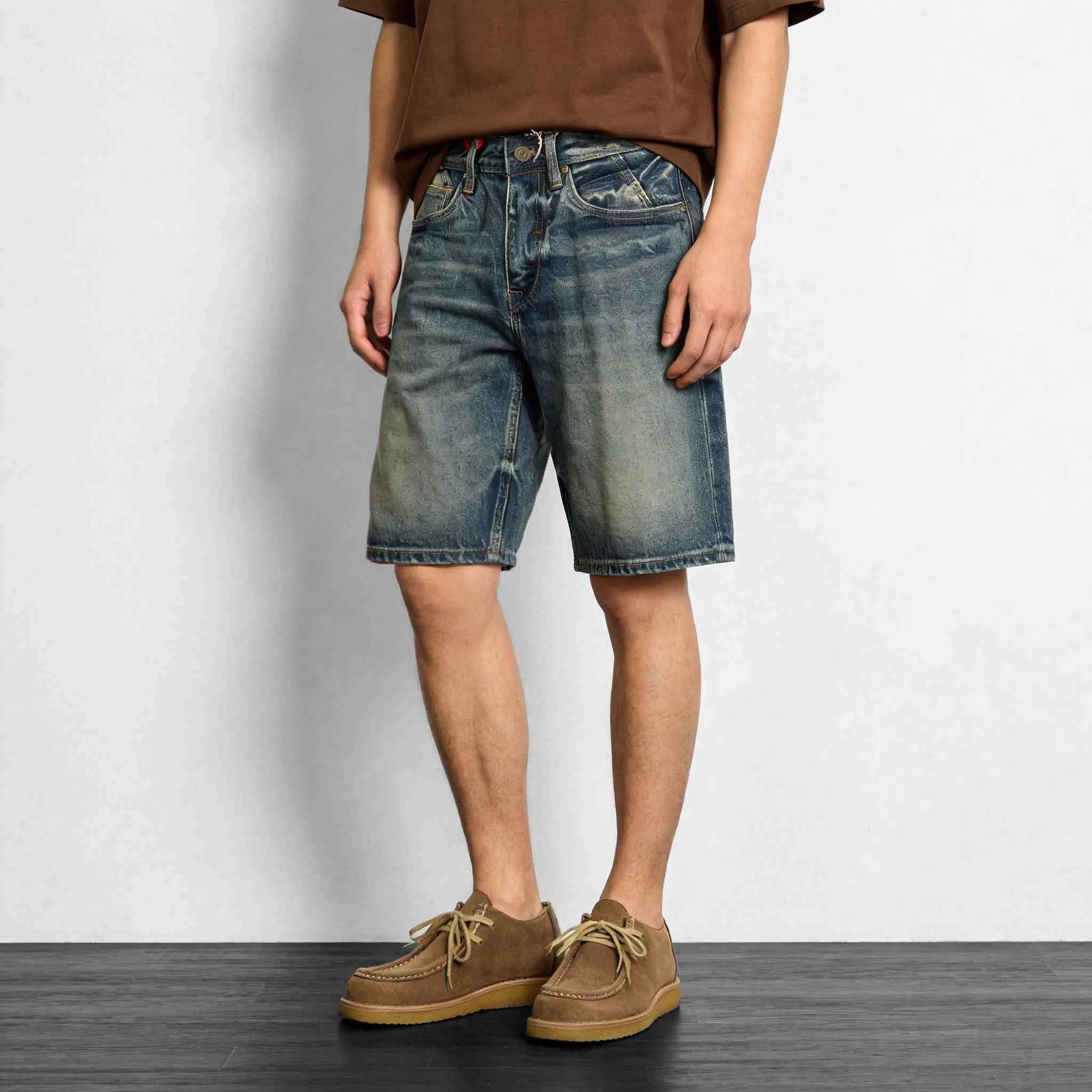 Model wearing 12oz Vintage Wash Selvedge Denim Shorts, alternate view 2