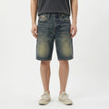 Lässige, gerade geschnittene, mittelblaue Selvedge-Denim-Shorts