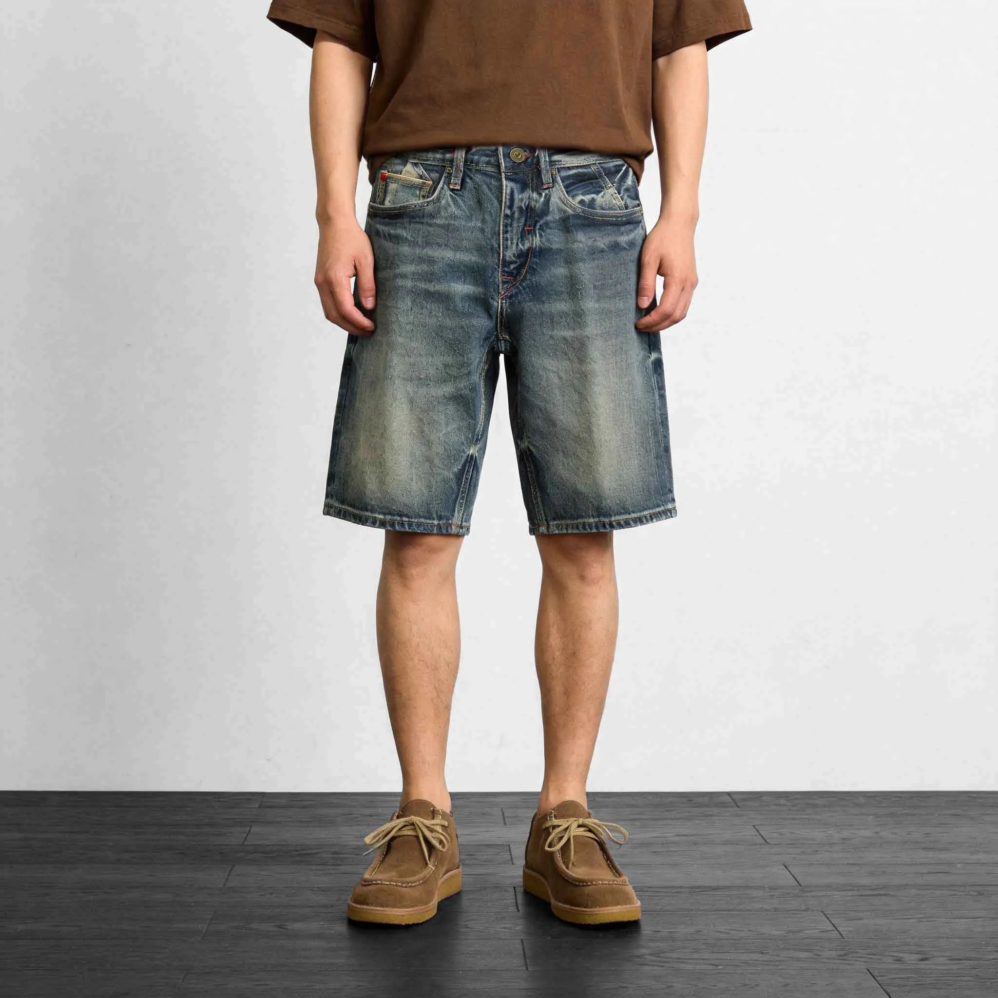 Model wearing 12oz Vintage Wash Selvedge Denim Shorts