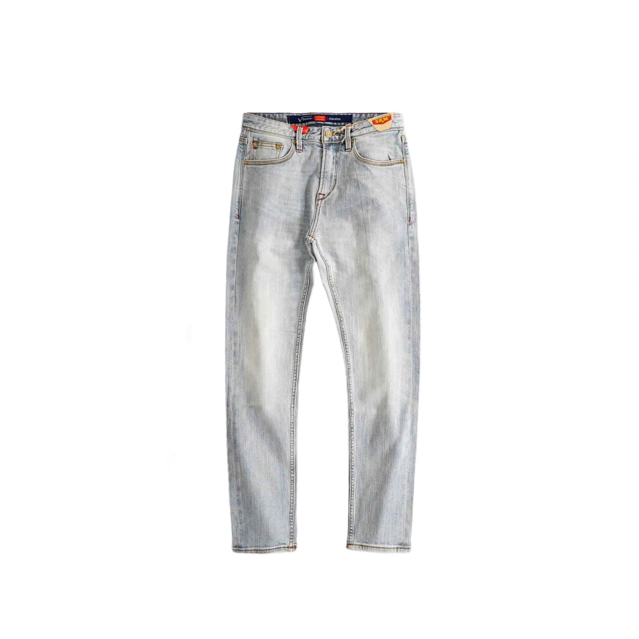 Jean slim droit bleu clair 14 oz à lisière indigo délavée