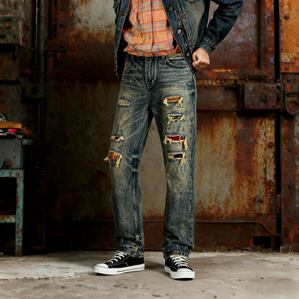 14oz Light Blue Straight Jeans With Whisked Distressed Jeans