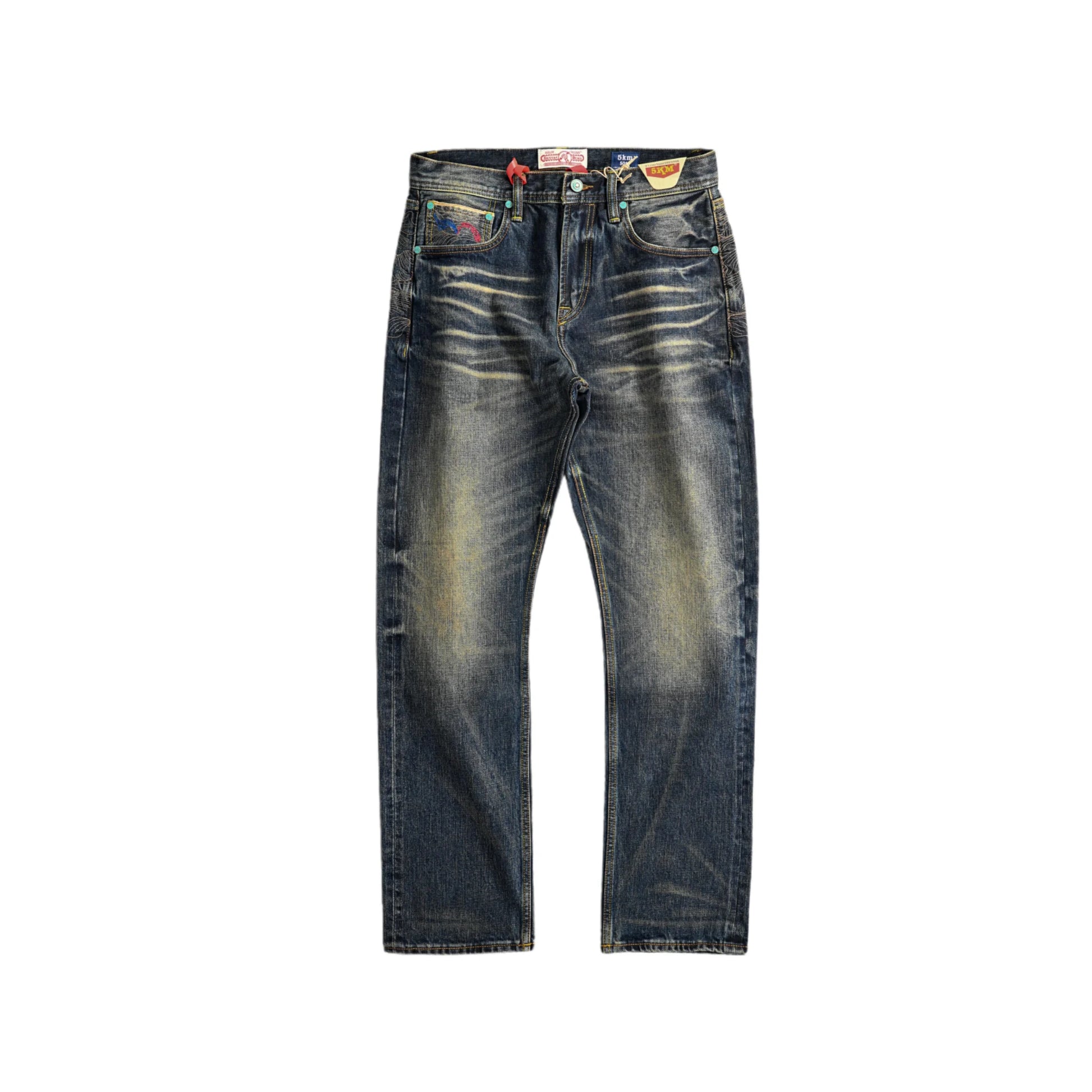 15 oz klassische blaue Straight-Fit-Jeans mit Whiskers und Honeycomb-Effekt