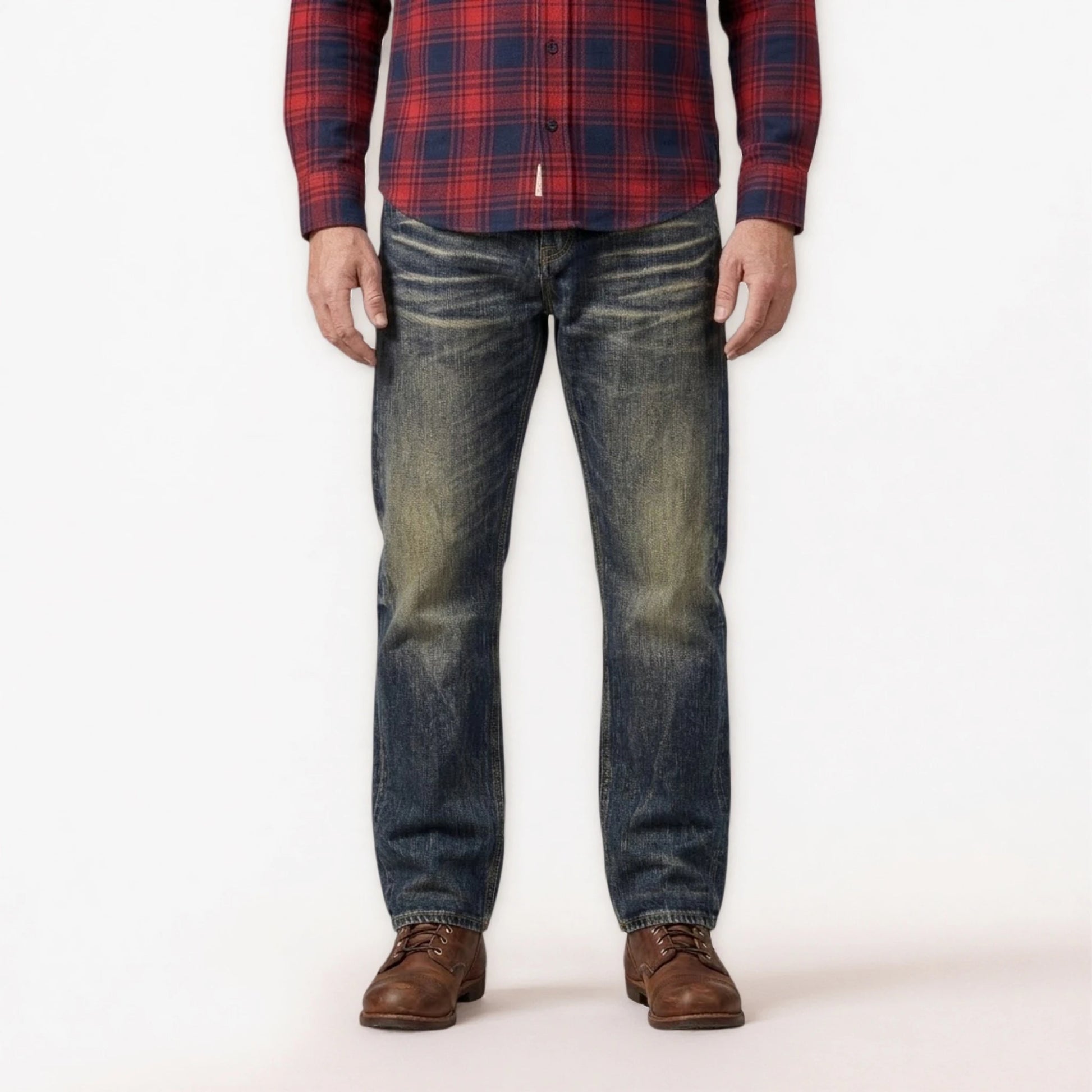 15 oz klassische blaue Straight-Fit-Jeans mit Whiskers und Honeycomb-Effekt