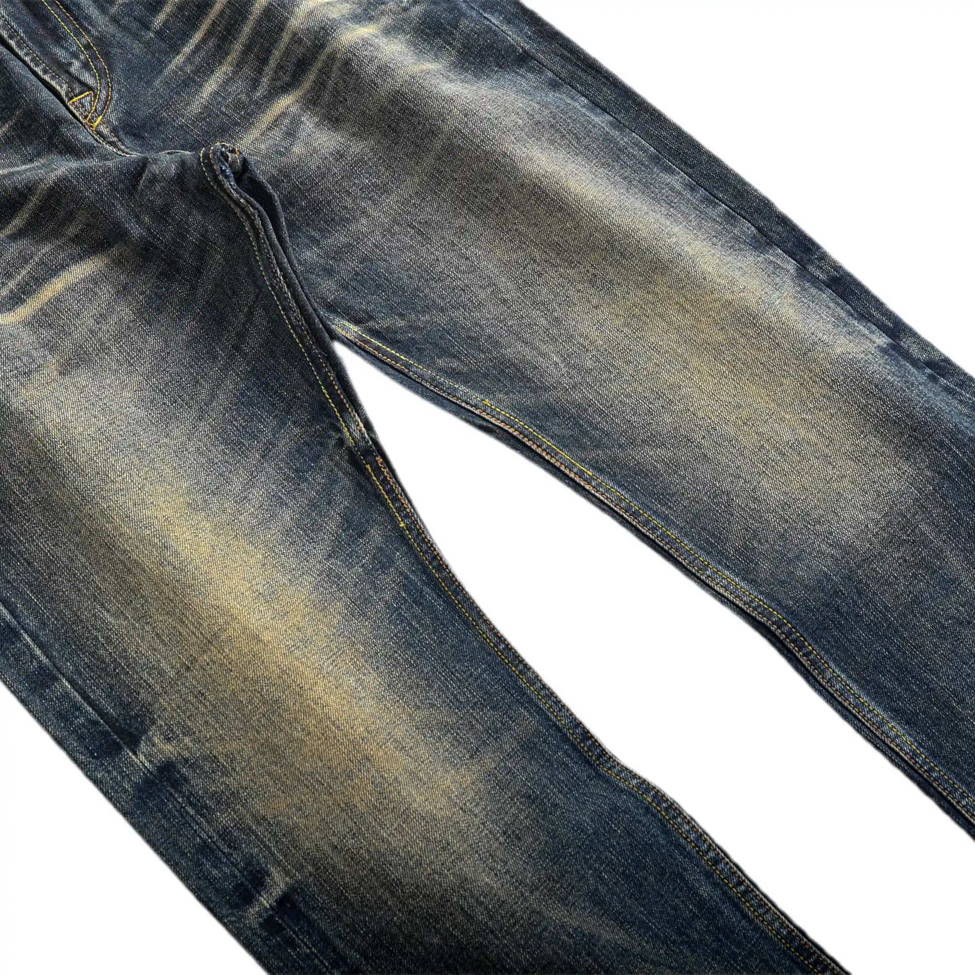 15 oz klassische blaue Straight-Fit-Jeans mit Whiskers und Honeycomb-Effekt