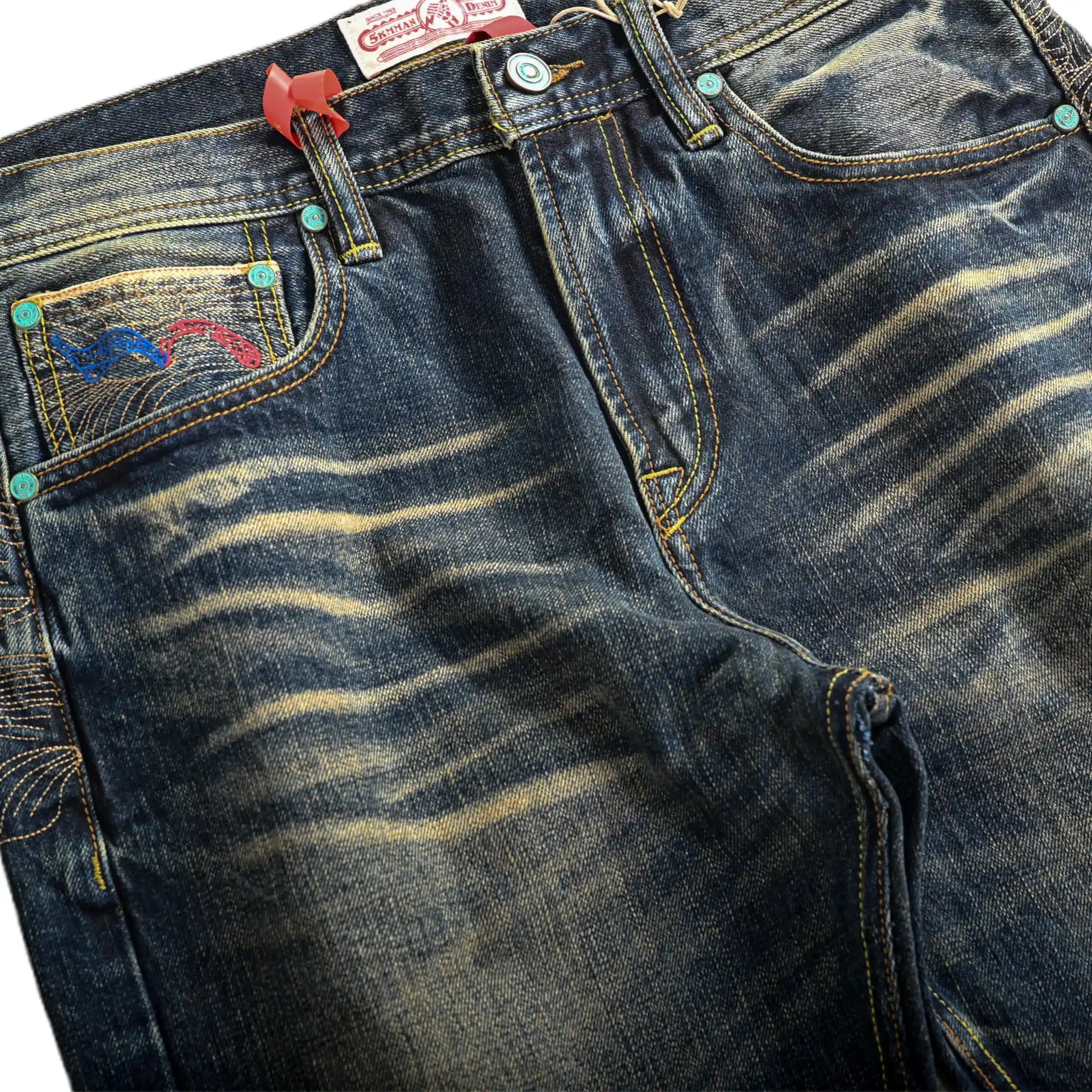 15 oz klassische blaue Straight-Fit-Jeans mit Whiskers und Honeycomb-Effekt