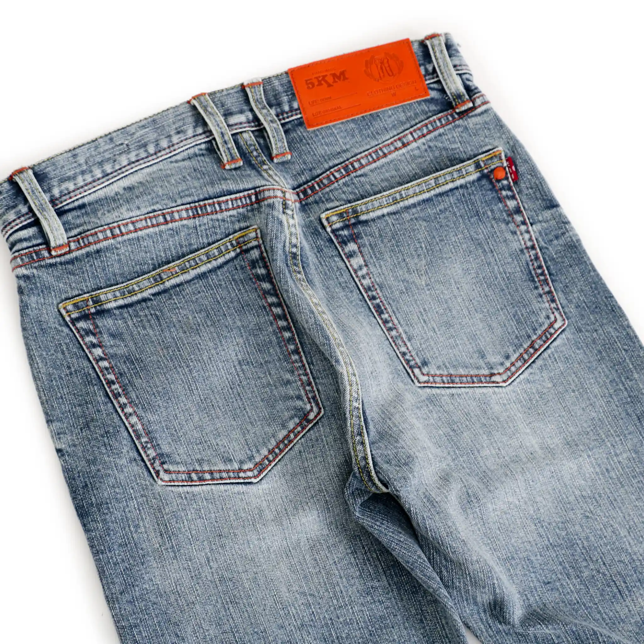 Jean slim droit bleu clair 14 oz à lisière indigo délavée